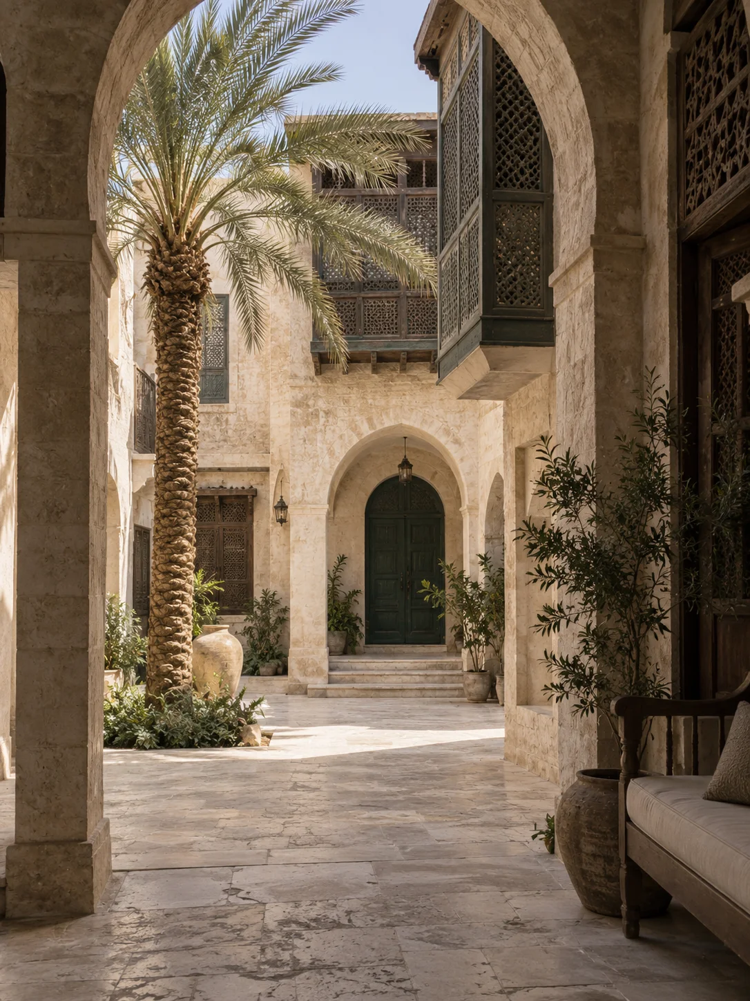 A quiet courtyard with stone arches and a date palm.